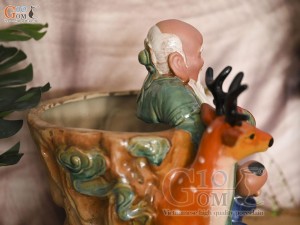 Chậu tượng Thọ Hươu Phúc Lộc men màu, cao 35cm