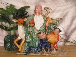 Chậu tượng Thọ Hươu Phúc Lộc men màu, cao 35cm