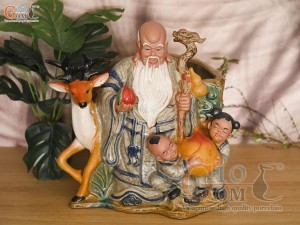 Chậu tượng Thọ Hươu Phúc Lộc men rạn, cao 35cm