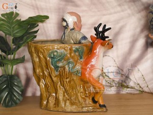 Chậu tượng Thọ Hươu Phúc Lộc men rạn, cao 35cm
