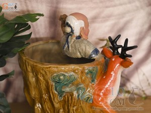 Chậu tượng Thọ Hươu Phúc Lộc men rạn, cao 35cm