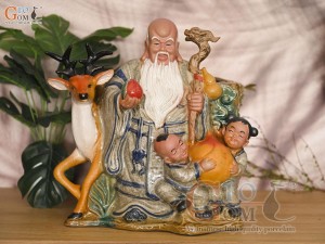 Chậu tượng Thọ Hươu Phúc Lộc men rạn, cao 35cm