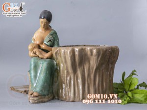 Chậu tượng trồng cây dáng tình mẫu tử men ngọc, đường kính chậu 25cm