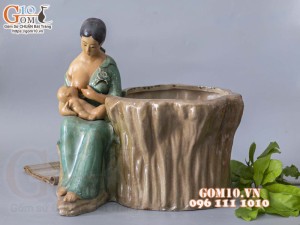 Chậu tượng trồng cây dáng tình mẫu tử men ngọc, đường kính chậu 25cm