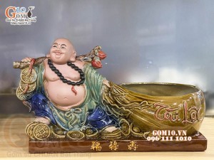 Chậu tượng trồng cây dáng Di Lạc kéo túi Tài Lộc, 39x22cm