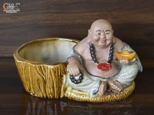 Chậu tượng trồng cây dáng Di Lạc men rạn cầm vàng, cao 19cm