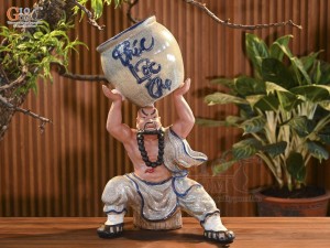 Chậu tượng trồng cây dáng Lỗ Chí Thâm nâng vò Phúc Lộc Thọ men rạn, cao 68cm