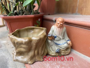 Chậu tượng trồng cây Khổng Tử đọc sách men rạn, 25x22cm