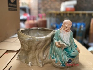 Chậu tượng trồng cây Khổng Tử đọc sách men xanh, 25x22cm Chậu tượng trồng cây Khổng Tử đọc sách men xanh, 25x22cm
