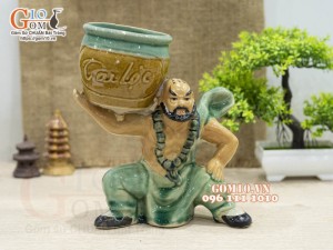 Chậu tượng trồng cây men màu dáng La Hãn đỡ vò Tài Lộc, cao 21cm