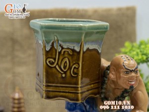 Chậu tượng trồng cây men màu dáng Lỗ Chí Thâm đỡ vò Lộc, cao 24cm