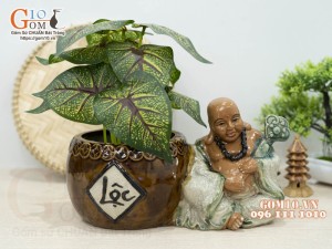 Chậu tượng trồng cây men rạn dáng Di Lạc Lộc, cao 16cm