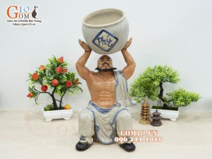 Chậu tượng trồng cây men rạn dáng La Hán nâng vò, cao 41cm