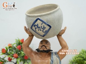 Chậu tượng trồng cây men rạn dáng La Hán nâng vò, cao 41cm