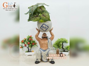 Chậu tượng trồng cây men rạn dáng La Hán nâng vò, cao 41cm