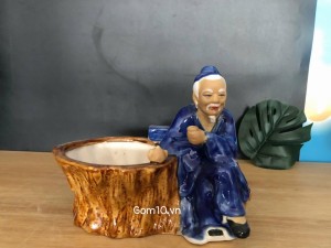 Chậu tượng trồng cây ông lão uống trà màu xanh, cao 16cm