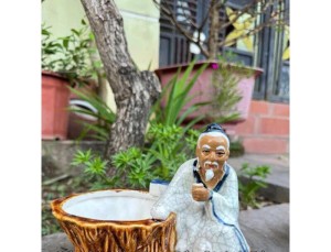 Chậu tượng trồng cây ông lão uống trà men rạn, cao 16cm
