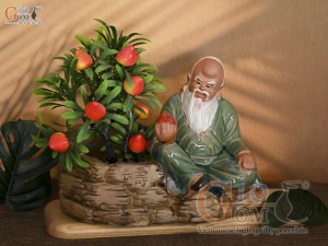 Chậu tượng trồng cây ông Thọ Đào men màu xanh, cao 18cm