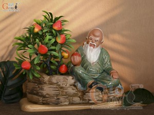 Chậu tượng trồng cây ông Thọ Đào men màu xanh, cao 18cm