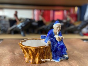 Chậu tượng trồng cây Thần Trà đọc sách màu xanh coban, cao 16cm