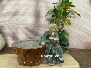 Chậu tượng trồng cây Thần Trà đọc sách men màu xanh, cao 16cm