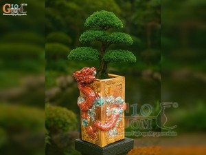 Chậu tượng vuông dáng Rồng cuộn nhả Long Châu màu đỏ, cao 46cm
