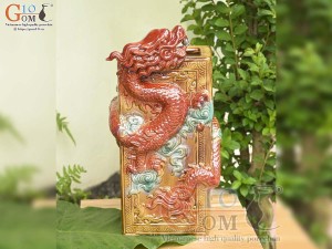 Chậu tượng vuông dáng Rồng cuộn nhả Long Châu màu đỏ, cao 46cm