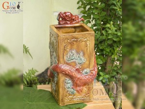 Chậu tượng vuông dáng Rồng cuộn nhả Long Châu màu đỏ, cao 46cm
