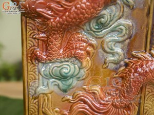 Chậu tượng vuông dáng Rồng cuộn nhả Long Châu màu đỏ, cao 46cm