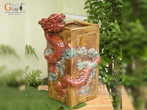 Chậu tượng vuông dáng Rồng cuộn nhả Long Châu màu đỏ, cao 46cm