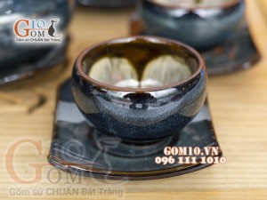 Cặp chén đĩa men hoả biến rêu lòng hoa