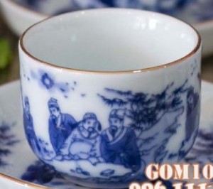 Chén men lam cổ hoạ tiết trúc lâm thất hiền,kẻ chỉ vàng kim