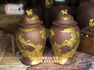 Chóe gốm đất đỏ vẽ rồng 50L , bọc đồng