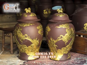 Chóe gốm đất đỏ vẽ rồng 30L , bọc đồng