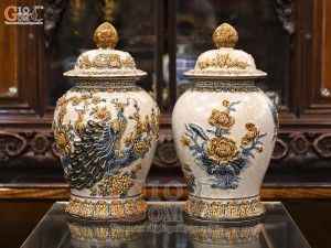 Chóe men rạn đắp nổi Công Đào Phú Quý, 15L