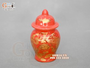 Chóe thờ họa tiết Rồng Phúc - Lộc - Thọ vàng kim men đỏ, cao 10cm