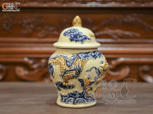 Chóe thờ men hoàng tộc đắp nổi Rồng Như Ý, cao 14cm