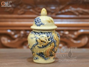 Chóe thờ men hoàng tộc đắp nổi Rồng Như Ý, cao 14cm