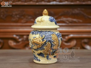 Chóe thờ men hoàng tộc đắp nổi Rồng Như Ý, cao 22cm