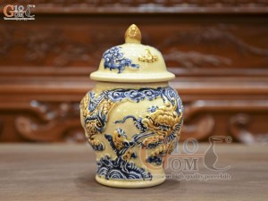 Chóe thờ men hoàng tộc đắp nổi Rồng Như Ý, cao 18cm