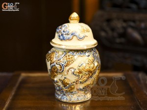 Chóe thờ men hoàng tộc đắp nổi Rồng Như Ý vẽ vàng 24k, cao 18cm