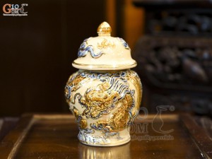 Chóe thờ men hoàng tộc đắp nổi Rồng Như Ý vẽ vàng 24k, cao 18cm