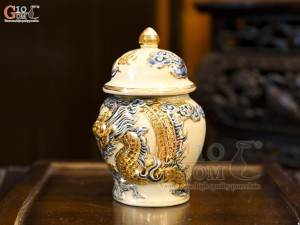 Chóe thờ men hoàng tộc đắp nổi Rồng Như Ý vẽ vàng 24k, cao 18cm