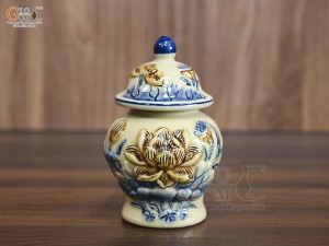Chóe thờ men hoàng tộc đắp nổi Sen Phú Quý, cao 14cm