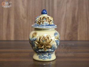 Chóe thờ men hoàng tộc đắp nổi Sen Phú Quý, cao 17cm