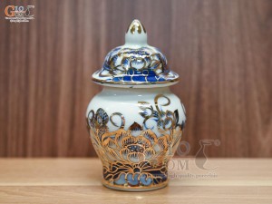 Choé thờ men lam vẽ Sen Đại Cát, cao 14cm vẽ vàng 24k
