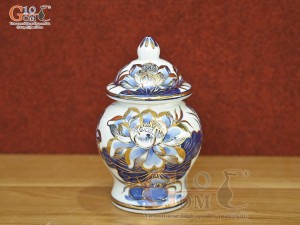 Chóe thờ men lam cổ vẽ Sen Tài Lộc vẽ vàng 24k, cao 14cm