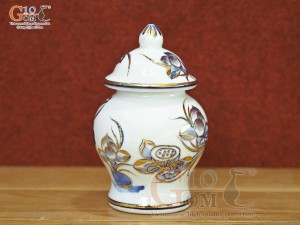 Chóe thờ men lam cổ vẽ Sen Tài Lộc vẽ vàng 24k, cao 14cm