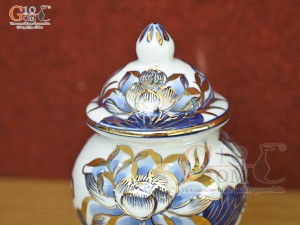 Chóe thờ men lam cổ vẽ Sen Tài Lộc vẽ vàng 24k, cao 14cm