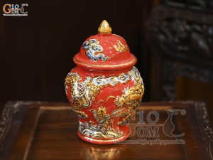 Chóe thờ men màu đắp nổi Rồng Như Ý nền đỏ vẽ vàng 24k, cao 18cm